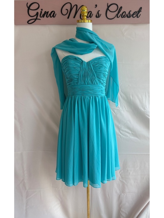 Mori Lee Dresses & Skirts - Mori Lee Aqua Blue Strapless Ruched Chiffon Cocktail Dress with Shawl, Size 6
